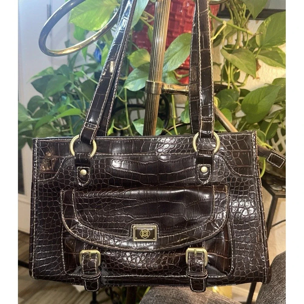 Vintage Brown Leather Alligator Accents Shoulder Bag Excellent Cond.